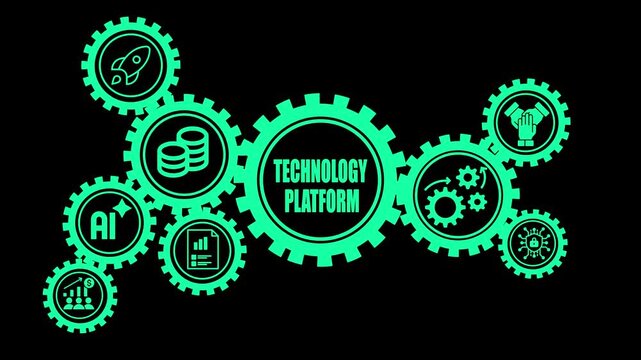 Vibrant teal smart automation flow gears with for AI rocket coins charts teamwork and process on black background Keywords: technology, automation, smart