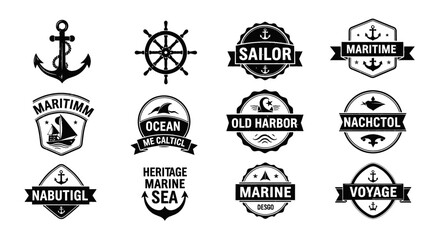 Fototapeta premium Collection of vintage nautical badges and emblems featuring anchors, ships, waves, and maritime themes