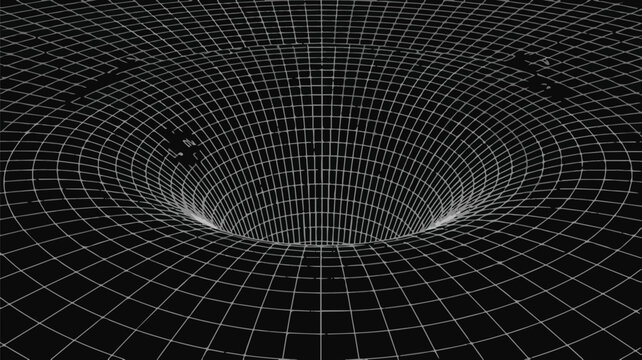 Abstract gravity well grid representation with warped mesh lines on black background
