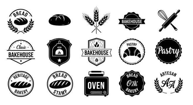 Collection of black and white bakery and pastry-themed logos including bread, wheat, oven, and baking tools