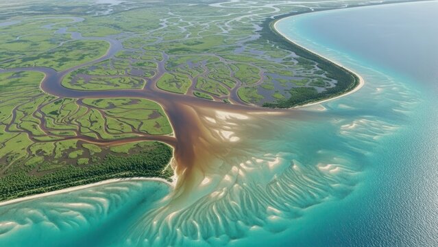 Aerial view of turquoise coastal wetlands and sandy delta, showcasing pristine shoreline and tidal channels from above.