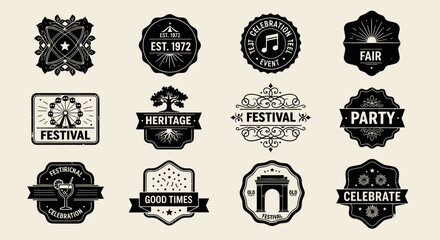 Collection of black and white vintage-style event badges with various themes, text, and decorative elements
