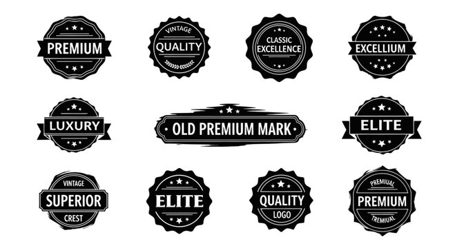 Collection of vintage-style black and white badges with premium, quality, luxury, and elite labels