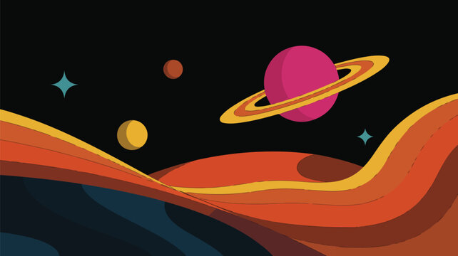 Retro futuristic outer space landscape with planets, stars, and abstract rolling hills on black background