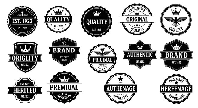 Collection of vintage black and white badge logos with crowns, eagles, stars, and text design elements