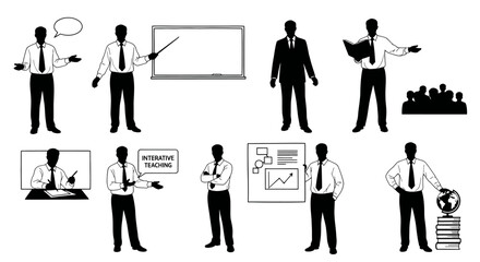 Fototapeta premium Collage of black-and-white silhouettes depicting various educational and presentation activities involving male figures