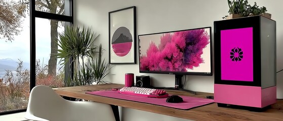 Pink Desktop Computer Setup in Modern Home Office With Ultrawide Monitor and Natural View