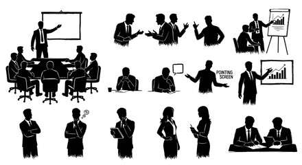 Silhouettes of business people in meetings, presentations, discussions, and working on charts