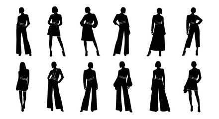 Collection of eleven black silhouette female figures in various stylish outfits and poses on white background