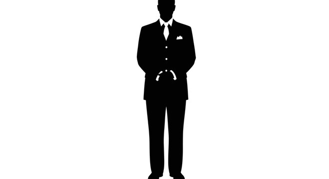 Silhouette of a man in a formal suit standing with hands behind back, facing forward on a white background