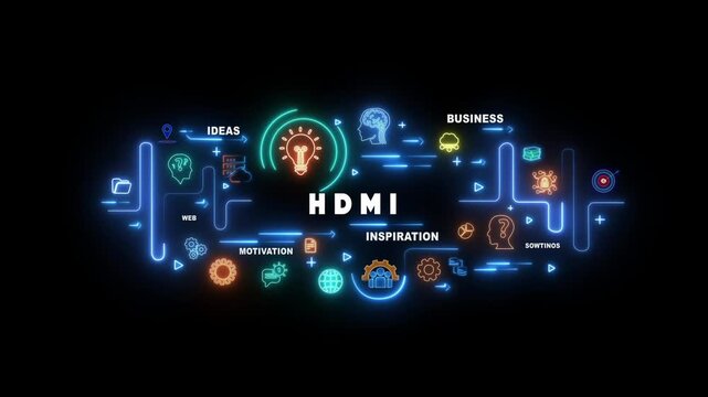 Neon light infographic diagram with the word HDMI in the center and icons Keywords: HDMI, high-definition multimedia interface, technology, digital, connection, cable, screen, display