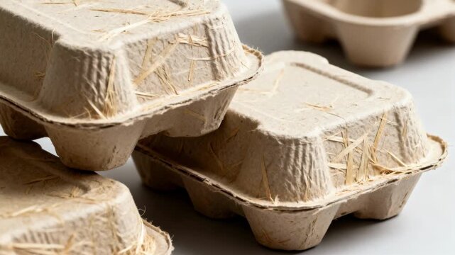 Closeup medium shot of molded pulp seafood trays highlighting textured natural fibers perfect for compostable and biodegradable seafood packaging solutions.