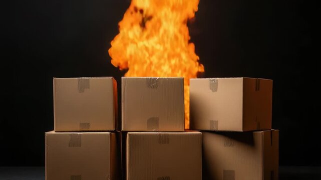 Stack of brown cardboard shipping boxes with bright orange fire blazing behind on dark