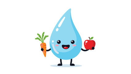 Fototapeta premium Happy cartoon water drop character holds a fresh orange carrot and a red apple, emphasizing the importance of hydration and healthy nutrition.