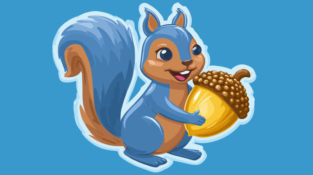 A cartoon squirrel holds a large acorn. The squirrel is blue and brown, smiling on a light blue background