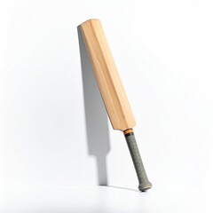 Wooden cricket bat leaning against white surface, grey handle