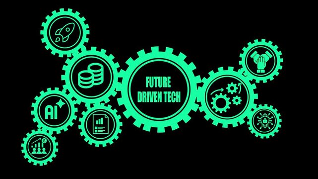 Interconnected red gears representing intelligent business concepts including AI growth finance rocket launch and teamwork on a black background Keywords