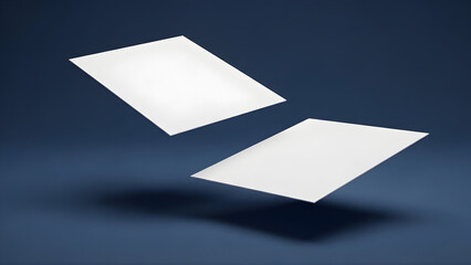 Two Blank White Paper Sheets Floating Mockup on Blue Background