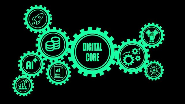 Interlocking teal gears depicting a smart tech ecosystem with for AI rocket coins charts teamwork and growth against a black backdrop Keywords: smart tech