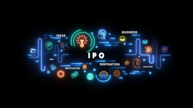 Neon light infographic diagram with IPO text and icons for ideas web motivation inspiration business and solutions