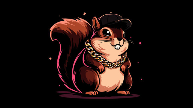 A cartoon rodent in a cap and gold chain stands out against a black backdrop