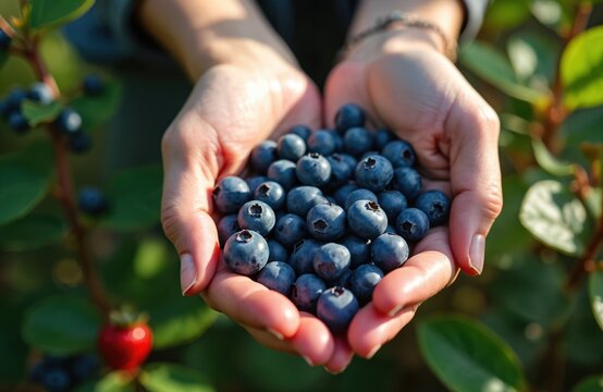 Hands hold fresh blueberries. Person picks ripe berries in green forest. Healthy food harvest includes strawberry, raspberry, blackberry. Natural summer fruit gathering.