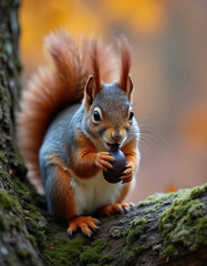 Obraz premium Red squirrel with bushy tail sits on mossy tree branch holding nut in mouth. Cute small rodent with grey fur and orange accents eats in forest with blurry autumn foliage background.