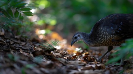 Naklejka premium Close-up of a bird walking on the ground in a forest. the bird appears to be a peacock, with a dark grey body and a black head and neck.