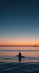 Fototapeta premium Person kayaking on calm water at sunset with clear sky 