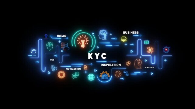 Neon light infographic diagram with KYC text and business icons on black background know your customer