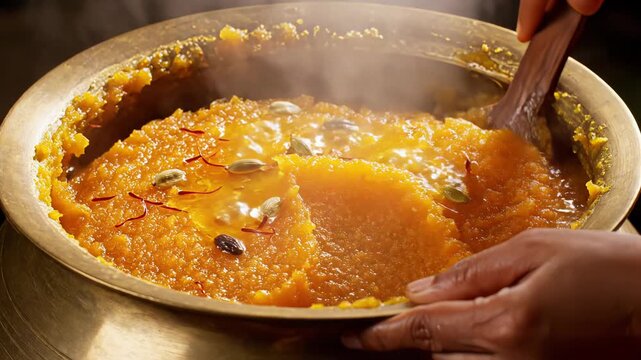 Golden Pumpkin Halwa Dessert With Cardamom Saffron In Brass Pot Steaming Hot