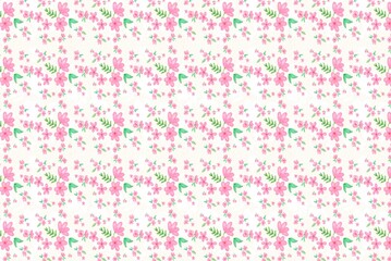 Delicate floral pattern with soft pink blossoms and green leaves on a white background, perfect for spring themes