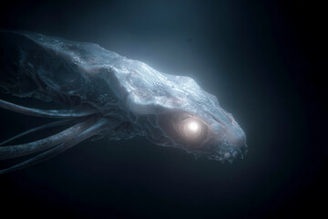 A translucent creature with glowing eyes in darkness.