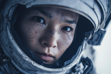 Close-up of an astronaut's face with dirt.
