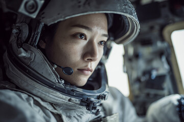 Astronaut focused inside spacecraft cockpit.