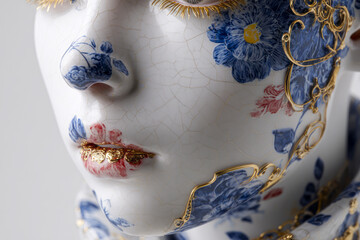 Decorative porcelain face with floral patterns and gold accents.