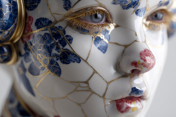 Close-up of a decorative porcelain face.