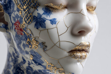 A porcelain face adorned with intricate patterns.