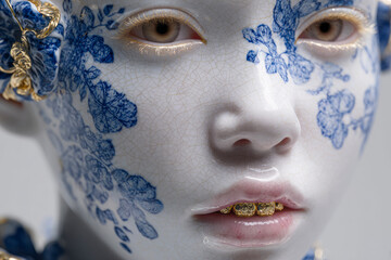 Close-up of a porcelain doll with floral patterns.