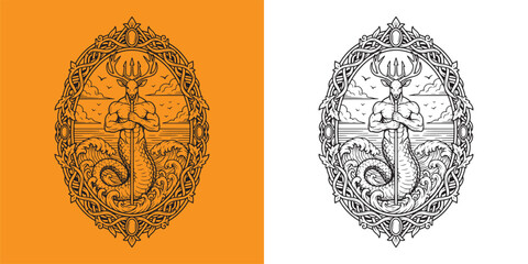 Mythological Mer-Deer Creature with Trident in Nautical Frame