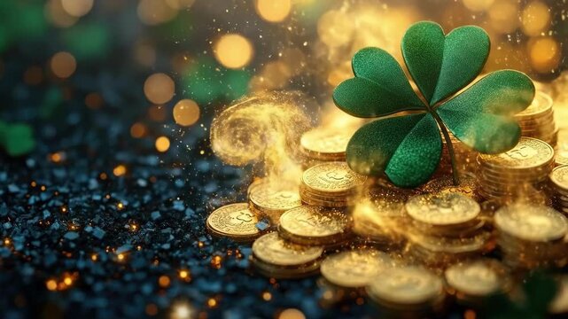 Golden coins and four-leaf clover with sparkling lights and lucky charm theme. Happy St. Patrick's Day