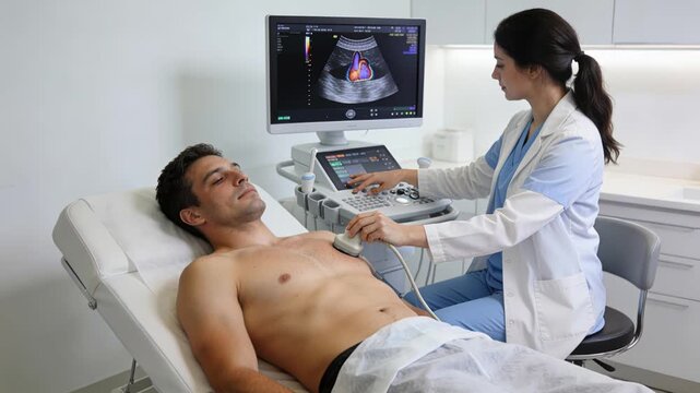 Doctor sonographer conducting abdominal ultrasound on male patient