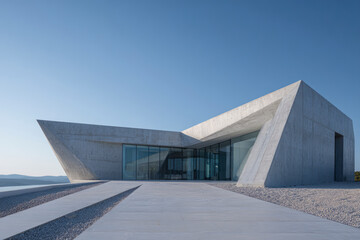 Modern concrete building with angular design and glass.