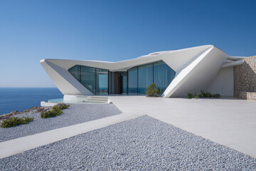 Modern house with unique architectural design by the sea.