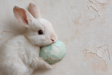 A cute rabbit holding a decorative egg.
