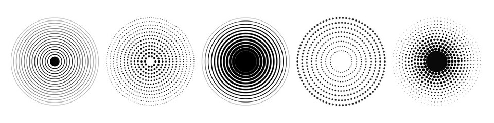 Round concentric sonar radar icons with sound wave rings, vector broadcast signal symbols for technology, security, connection, speaker focus and modern infographic design
