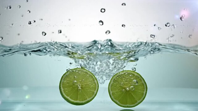 Two juicy lime slices splash into clear water creating dynamic droplets and bubbles against a light background