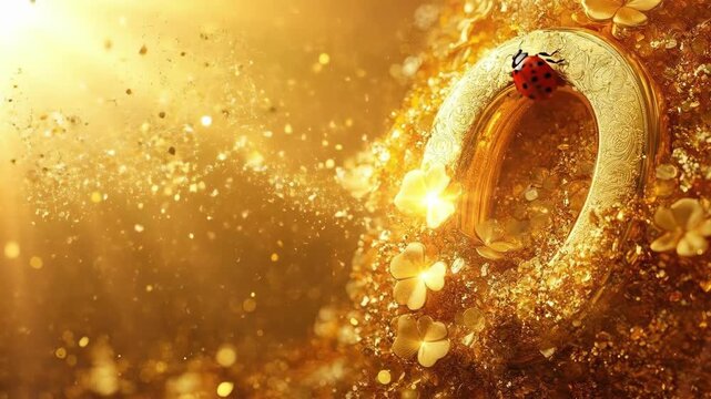 Golden ring with ladybug and butterflies in luminous sparkling scene. Happy St. Patrick's Day