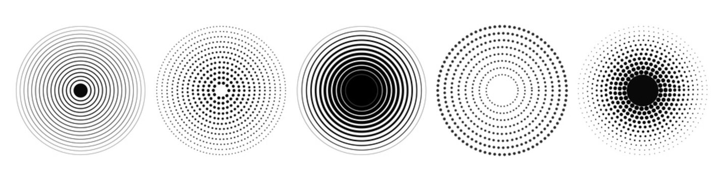 Round concentric sonar radar icons with sound wave rings, vector broadcast signal symbols for technology, security, connection, speaker focus and modern infographic design