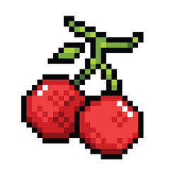 Fototapeta premium Red cherry fruit pixel art colorful illustration isolated on square white background.